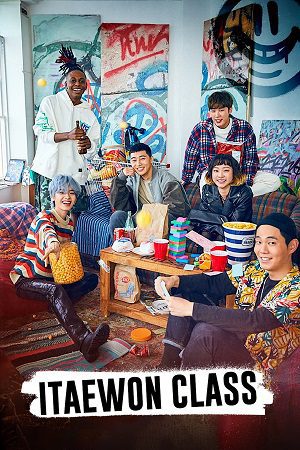 Six young adults sit and smile around a table filled with snacks and drinks in a colorful, graffiti-decorated room. The words “Itaewon Class,” the popular Netflix Series, appear at the bottom of the image.